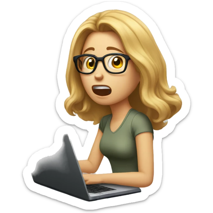 a girl with specs looking at her laptop and panicking and shouting,stragiht hairs,light skin color, slim face sticker