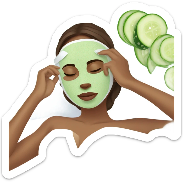 Girl with freackles Brown hair white skin and blue eyes wears Green colored texture skin care mask all over her face while She relaxes and puts two round piece of cucumber on her closed eyes In a white Robe sticker