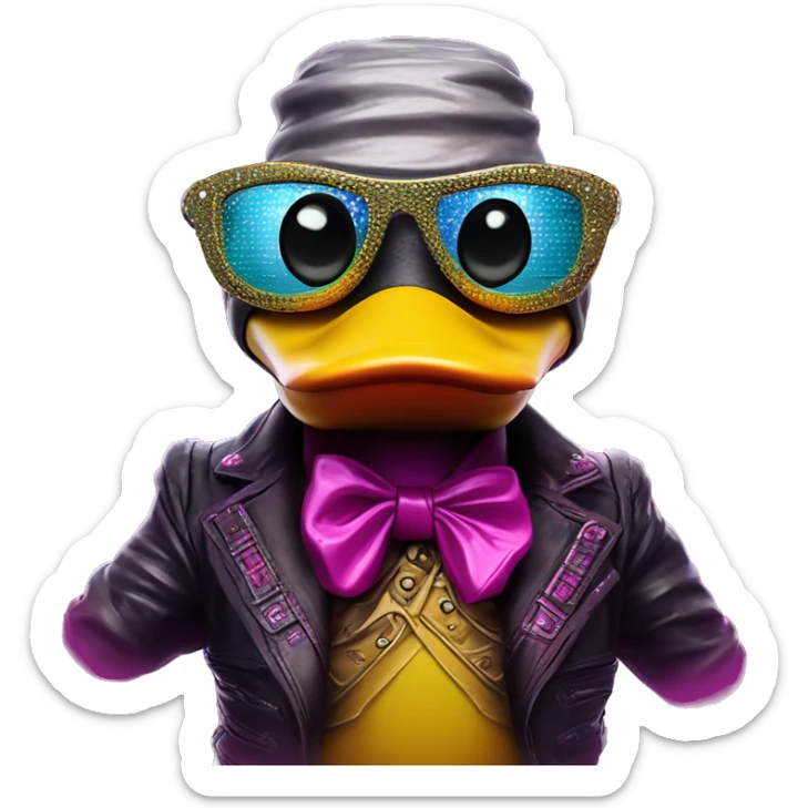 Synthwave rubberduck in Lordi style, oil paint, epic eyes, intricate lips, exquisite pose, beautiful, desirable, logical sticker