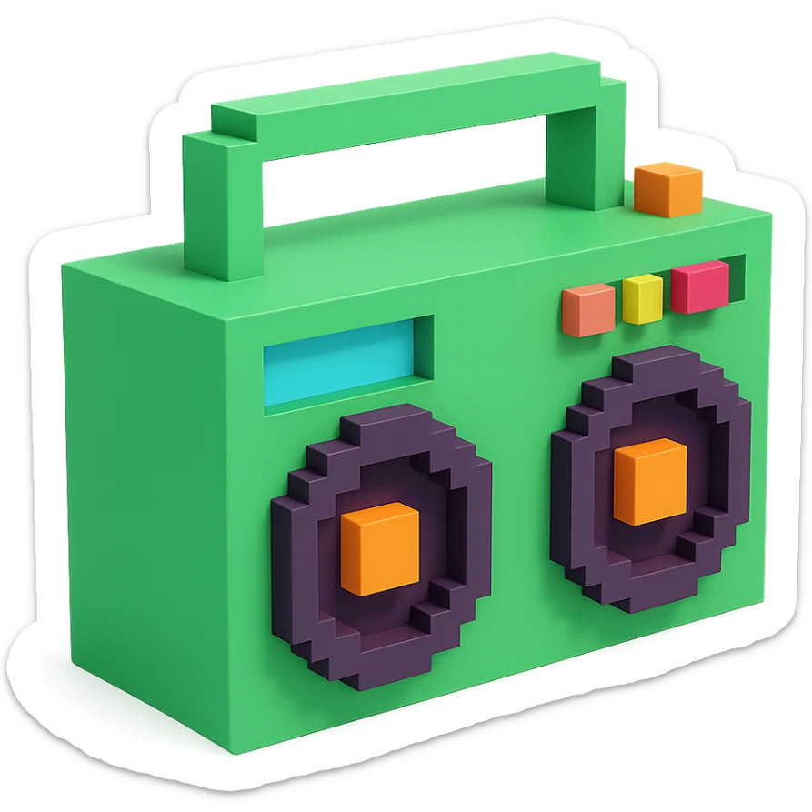 A boombox in voxel style, side view, green color sticker