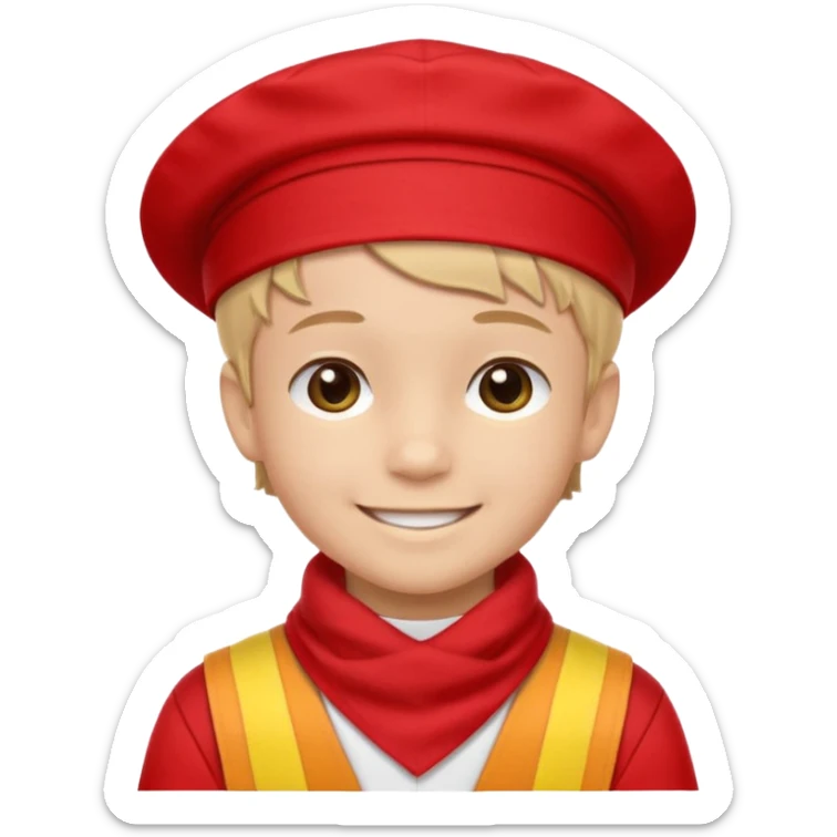 A Soviet pioneer emoji — smiling young boy wearing a bright red tie (pioneer neckerchief) and a red pilotka cap. White shirt, neat and cheerful, minimal flat emoji style, simple colors, clear outlines, professional emoji design. sticker