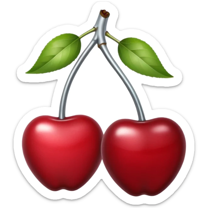 A pair of cherries emoji made of polished silver chrome, smooth rounded shapes, glossy metallic finish, soft highlights and reflections, cute proportions, iOS emoji style, centered, clean white background, no text sticker
