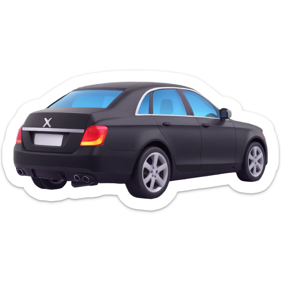 black luxury car with a visible dent, hammer and rod forming an X on the rear right corner, reflection lamp above rear illuminating damaged area, elegant and modern sticker