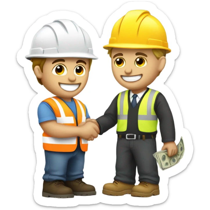 A white guy in a suit receiving money from a guy on the ground, but the guy on the ground is a construction worker sticker