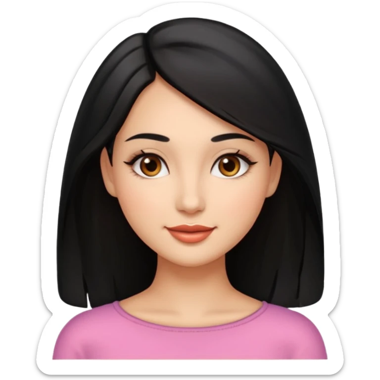 Feminine woman Softly rounded, healthy face — slightly curvy and feminine, not overweight.
Warm tan skin, brown eyes with long lashes, full glossy lips, gentle smile.
Shoulder-length black hair framing the face.
Clean, polished emoji look, soft shading, neutral background. sticker