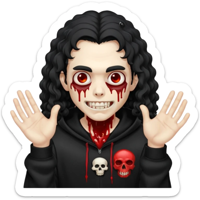 Vampire wearing a black hoodie with a skull logo on it, long curly hair that covers the forehead, fanged teeth and blood on hands sticker