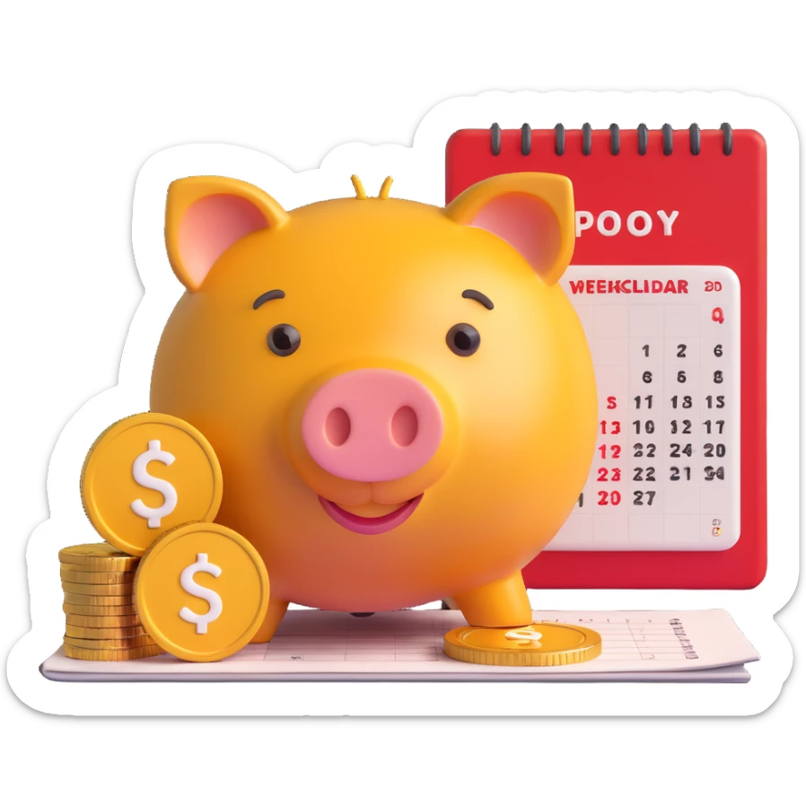 3D gold coin with a piggy bank and a weekly calendar overlay, representing weekly saving, Microsoft 3D emoji style sticker
