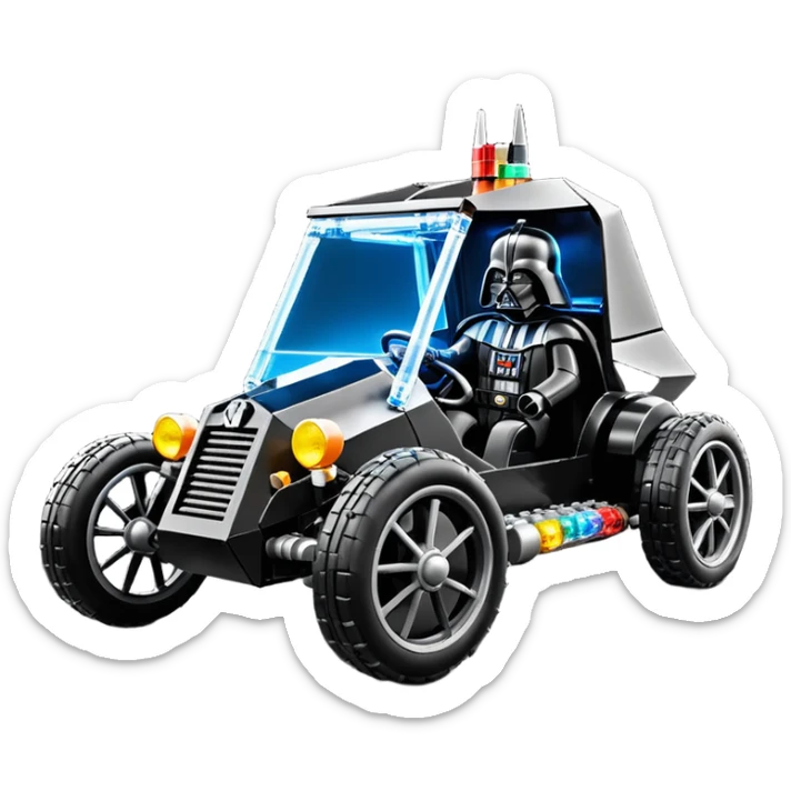 Mad max survival apocalypse ghostly sporty antique electric Darth Vader’s Batman-armored 1926 black graphite colored enclosed twin seat Lego town buggy with horizontal holographic 3d stars painted on the body sides and neon under glow  sticker