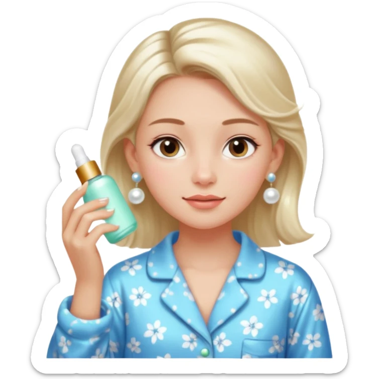 Clean girl aesthetic emoticons, apply skincare products, pearl earrings, glowing skin, pajamas, soft lighting sticker