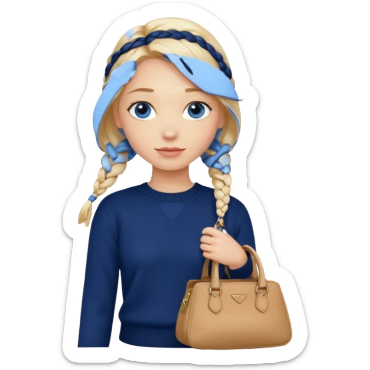 blonde girl with a loose braid and blue eyes with prada hand bag and a navy sweater  sticker