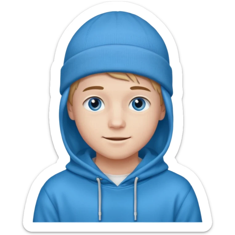 handsome and young teen pinterest boy good at fashion. popular among 'that brat girl', wearing hoodieand beanie with blue eye  and little smile sticker