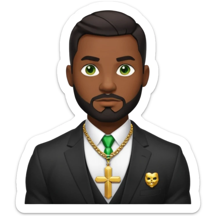 green eyes, dark short hair, muscular shoulders, wide cross, gold chain, big lips big nose big eyes, masculine good looking, dark beard wearing a suit sticker