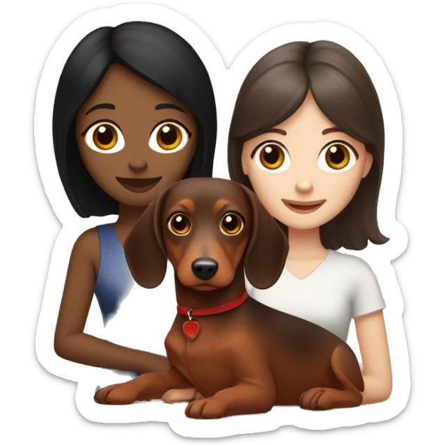 White girl with straight black hair holding a red dachshund and brown dachshund  sticker