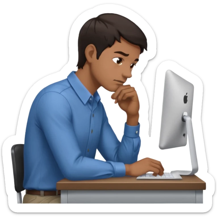  iOS emoji style - Side profile of a man with dark hair and wearing a collared-shirt. He sits with hunched posture at a desk. sticker