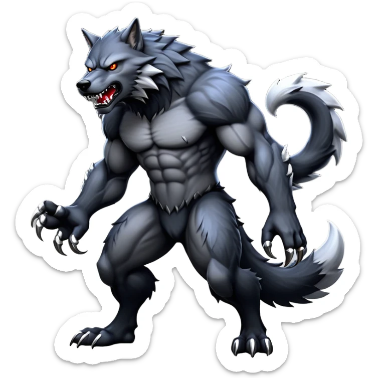cinematic-noble-fierce-werewolf-full-body-emoji, poised-and-imposing, with a tall, lean, and muscular wolfish frame inspired by the brutal, imposing shape of the beast from Berserk, fur rippling in shades of midnight black and silver, massive paws with razor-sharp claws, elongated limbs and fangs, eyes glowing with an intense, primal ferocity, reflecting the untamed power of the wild moonlit night; rendered with realism sticker