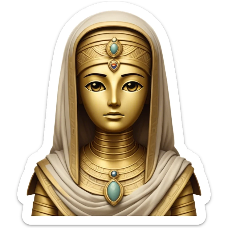 Cinematic Noble Mummy Portrait Emoji, Regal and timeless, with a meticulously wrapped, ancient form in muted earth tones accented by faded gold, exuding an air of forgotten majesty and solemn duty, simplified yet elegant with intricate bandage details, highly detailed and softly glowing, evoking the dignified mystery of an eternal sentinel guarding long-lost secrets! sticker