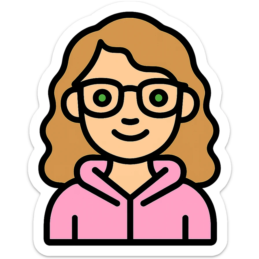 Edit the image to depict a girl with lighter skin, dark blonde wavy hair, green eyes, wearing a baby pink hoodie and brown glasses, smiling, with no background. sticker
