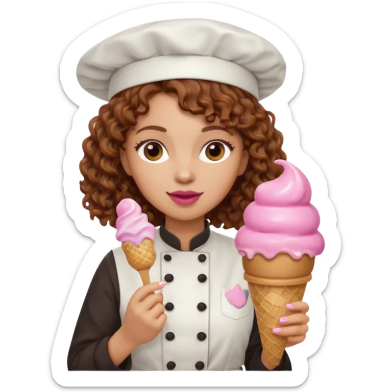 woman brown curly hair, chef, eating pink ice cream sticker