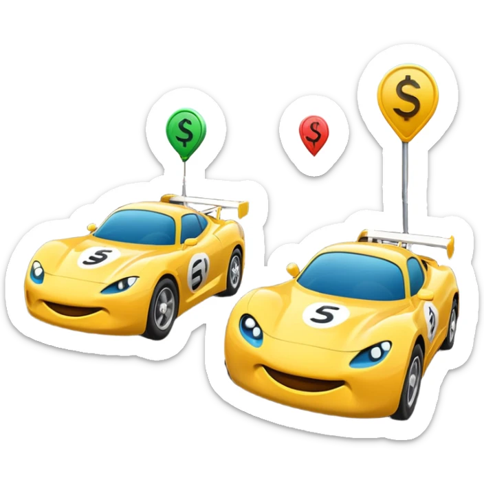 Two emoji-style cars racing toward a finish line labeled “$20K”, one labeled “$500/mo” and the other “$1000/mo”, energetic motion and speed lines sticker
