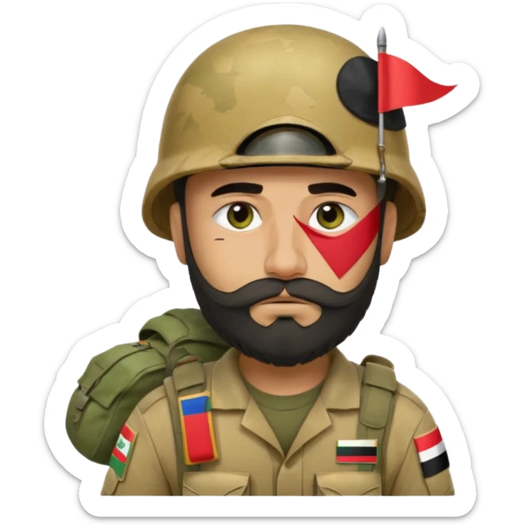 A very tired and sad, swarthy Iraqi soldier with a beard, an Iraqi flag on his helmet, a sad expression and bags under his eyes sticker