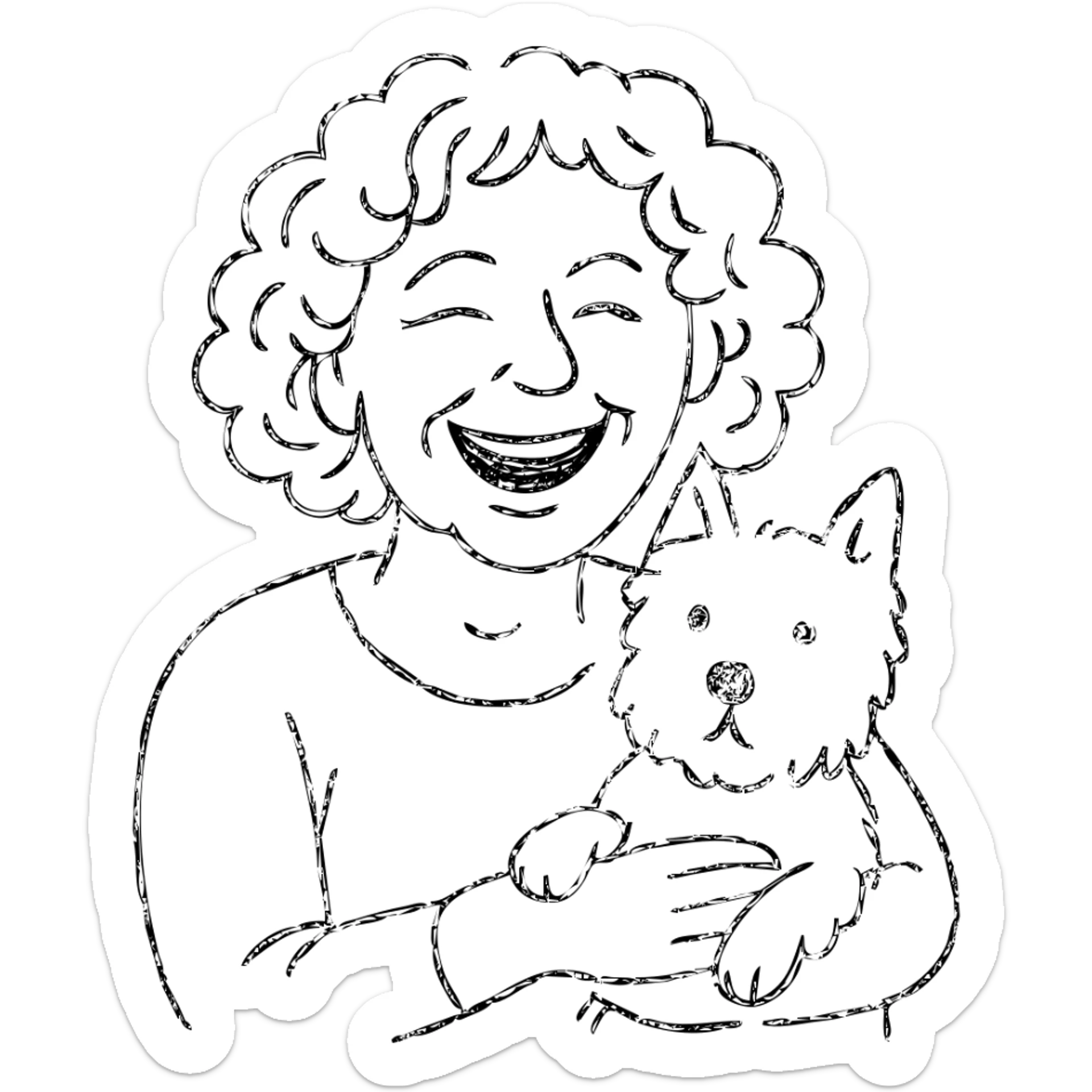 50-year-old woman with silver curly hair, laughing, holding a Westie dog, hand drawn outlined icon sticker