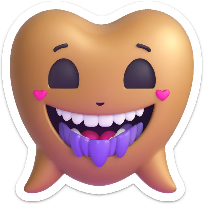 brown emoji face with purple heart eyes, big smile with a tooth gap and a gold side tooth sticker