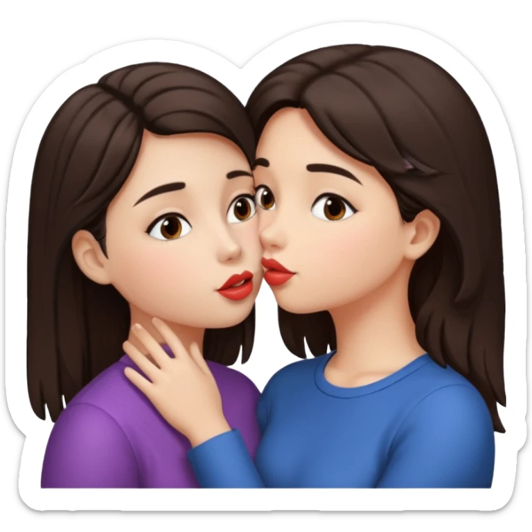 A girl kisses her friend The girls' hair color is dark brown.  sticker