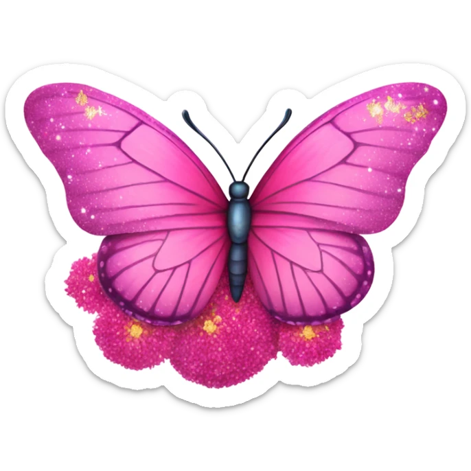 Large beautiful pink butterfly sitting on top of a spring time flower with glitter  sticker