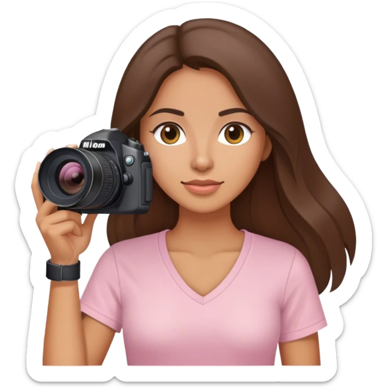 latin woman with long brunette hair light pink v neck shirt and nikon camera sticker