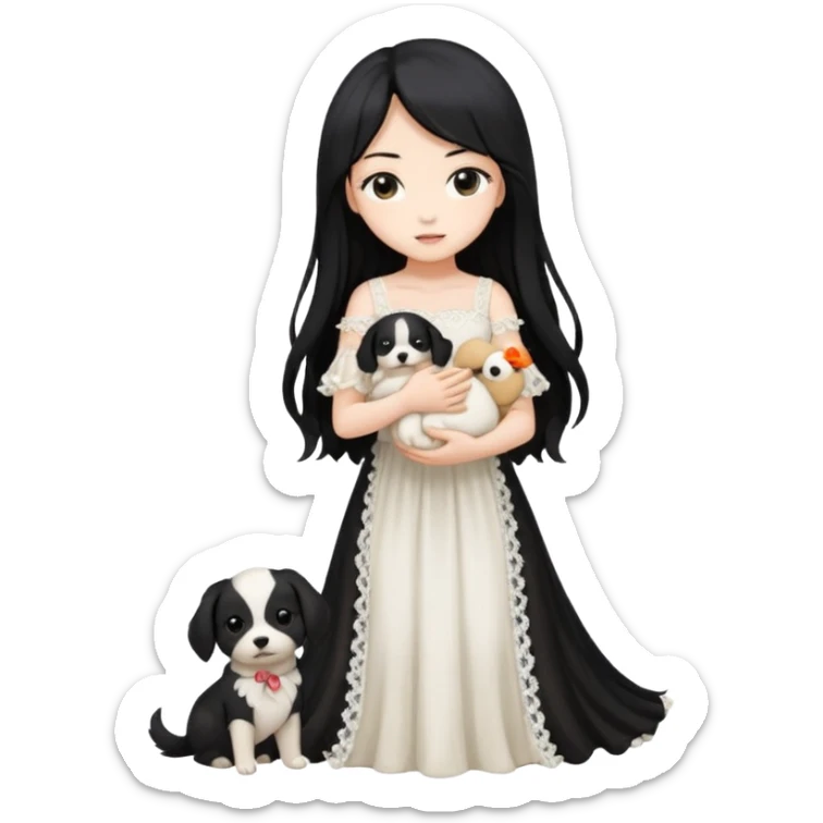 Pastel anime lady long hair with long lace dress full body holding puppy sticker