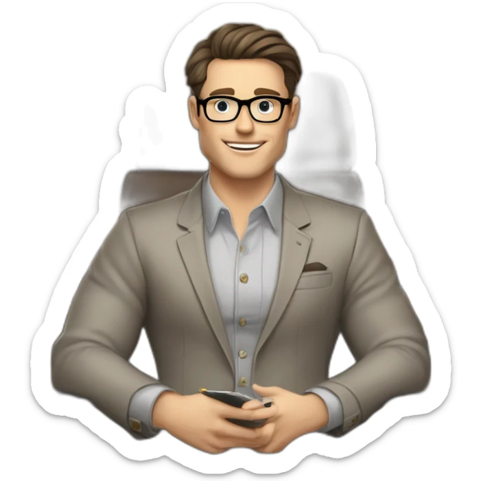 Pale skinned Fit Man With dark brown hair in gray jacket, beige office shirt, Brown pants and vintage glasses sitting In a soft chair with a notebook with emblem Ψ and a pen in his hands sticker