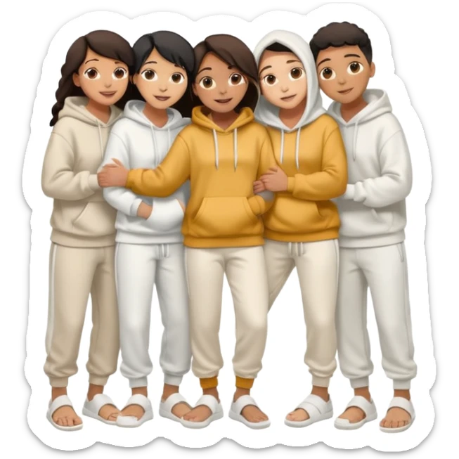 four mixed race friends all wearing white oversized hoodies with the hoods up, white sweatpants, and white slides huddled together hugging sticker