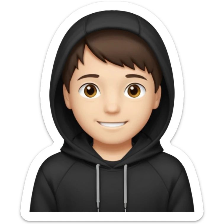 A brunette boy, short straight hair, light brown eyes, with a black sweatshirt with a hoodie, and smile  sticker