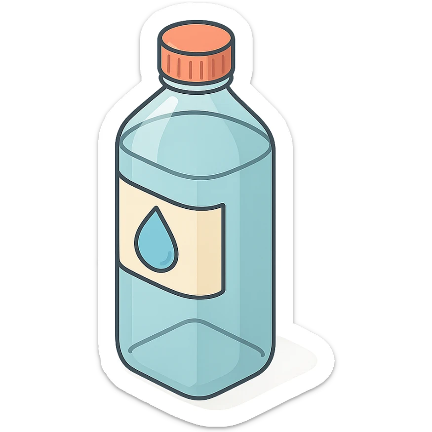 detailed 2D isometric illustration of a plastic bottle of water with shadows and highlights, clean contours, soft lighting, transparent background sticker