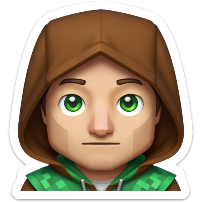 Pixel art 2D emoji of a Minecraft villager face, with brown hood, big nose, green eyes, and blocky edges in Minecraft style sticker