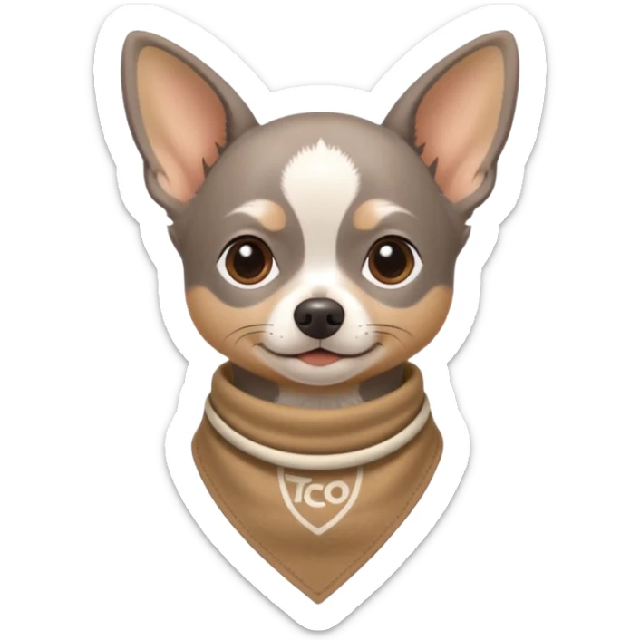 Make a Gray Chihuahua wearing a earthy tone bandana around the neck with the logo TCO on the bandana sticker