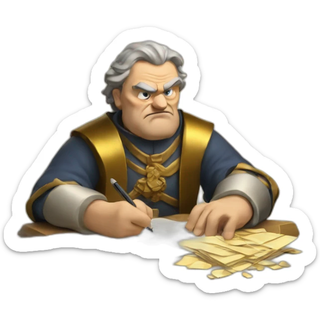 middle ages taxman, angry, writing on a paper, pile of gold sticker