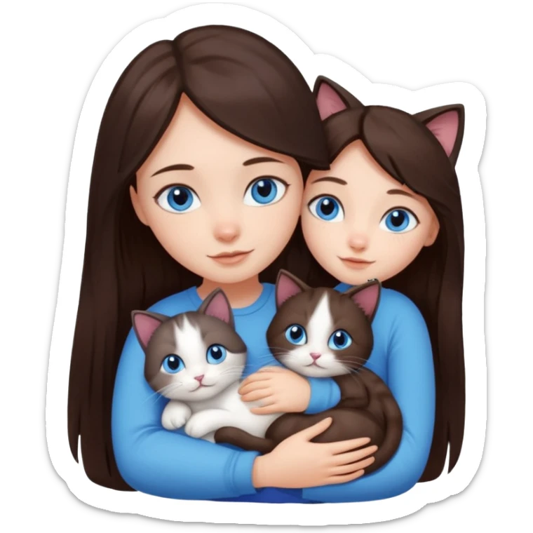 a girl with long dark 
brown hair, with blue eyes, hugs 3 different natural coloured small cats sticker