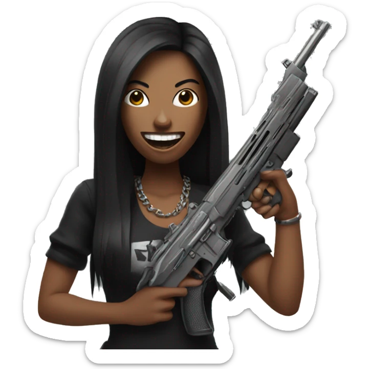 woman with long black hair and grillz holding 2 guns sticker