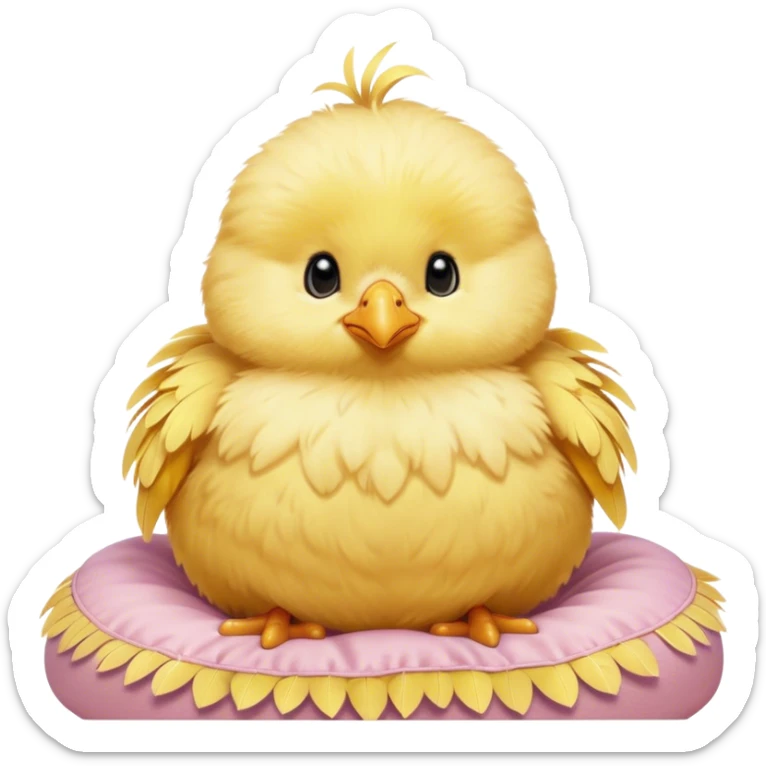 Cinematic round fluffy chick, golden yellow, tiny beak and feet, soft downy feathers, sparkling gentle eyes, sitting on a pastel-colored cushion, radiating warmth and sweetness. sticker