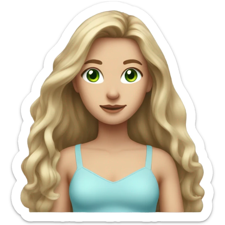 girl with long dark blonde hair, green eyes, wearing a light blue crop top sticker