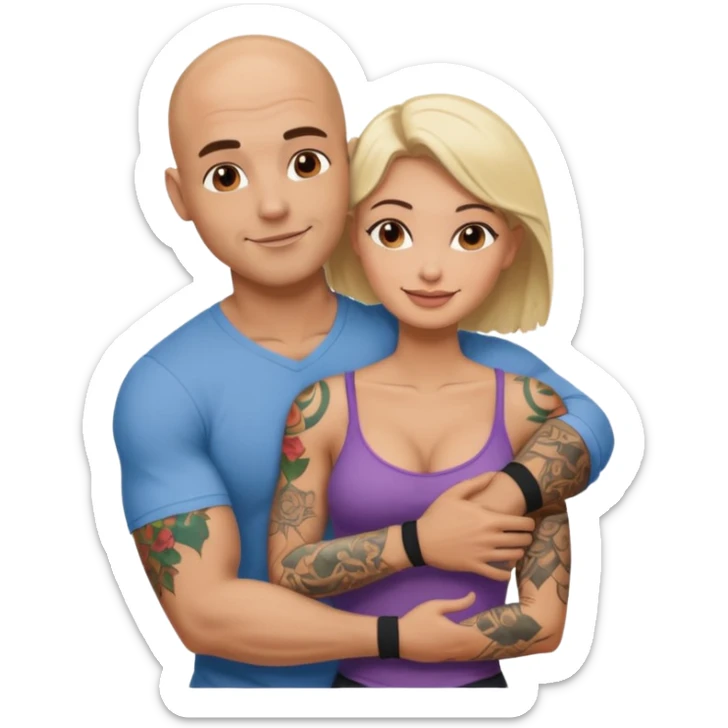 throuple tattooed sleeves bbald male with topless naked big boobed brunette and topless naked big boobed blonde girlfriends  loving  and sexy polygamy sticker