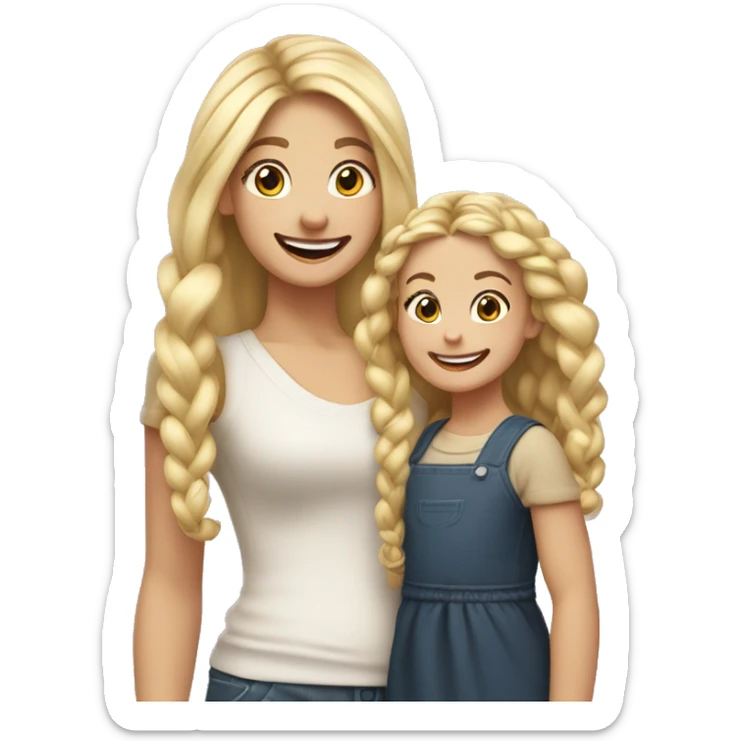 An emoji of a blonde mother with very long hair and a cheerful expression, standing next to her 3-year-old daughter, a small girl with black hair styled in two braids, both smiling happily together sticker