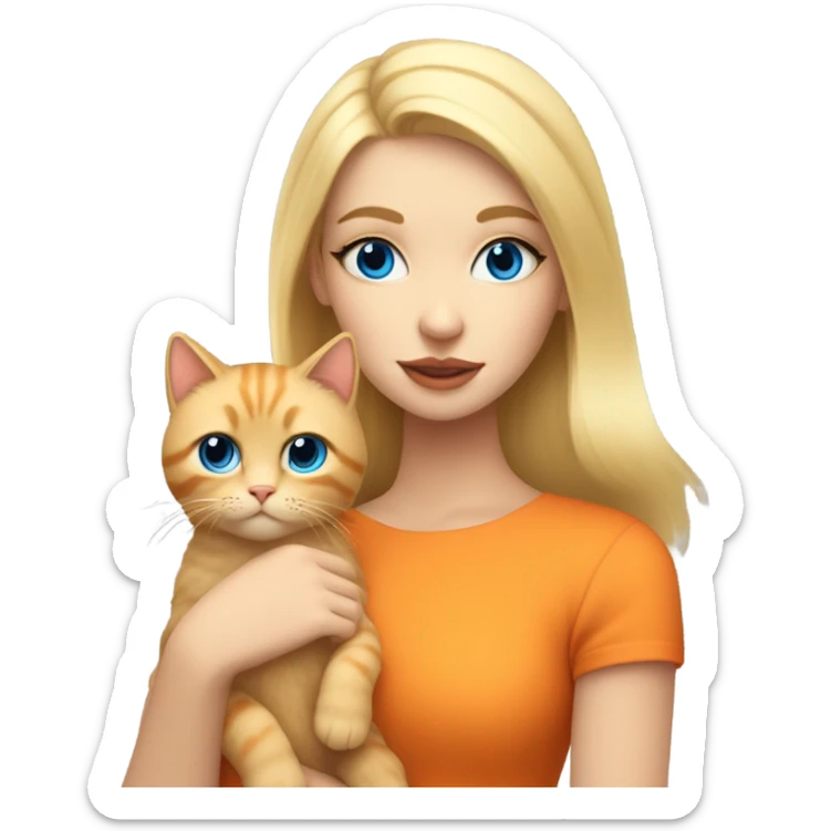 Blonde girl with blue eyes and eyelashes no lipstick with orange fluffy cat sticker