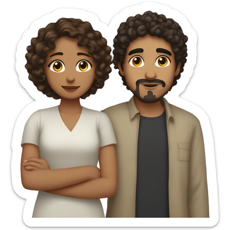 Hispanic girl with fair skin, hazel eyes and dark wavy hair side hugging Arab boy with medium curly hair and a small mustache and goatee sticker