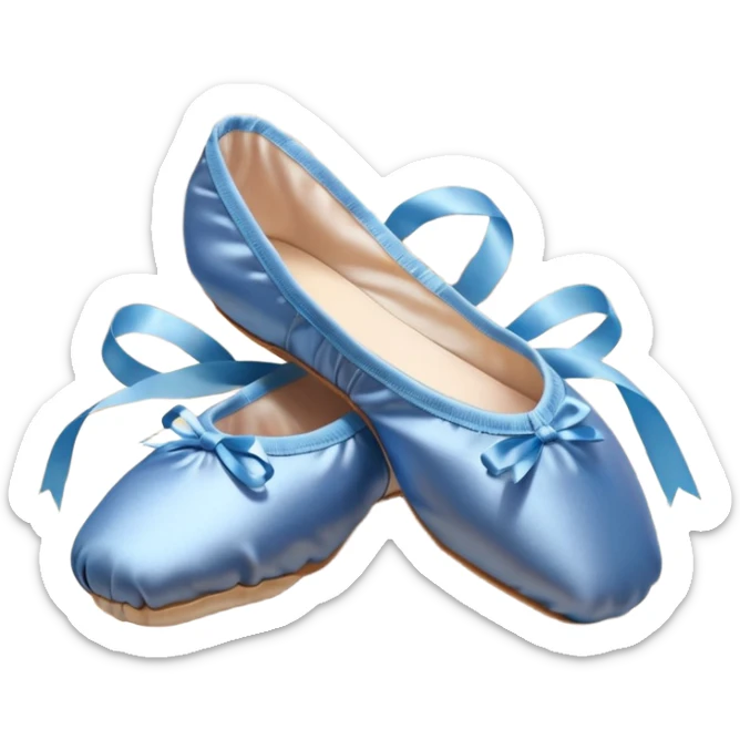 cinematic-realistic-ballet-shoes,-soft-satin-blue-pointe-shoes-with-delicate-ribbons,-resting-gently-on-a-polished-wooden-floor,-subtle-creases-in-the-fabric,-glowing-under-the-warm-golden-light-of-a-rehearsal-studio,-evoking-ele sticker