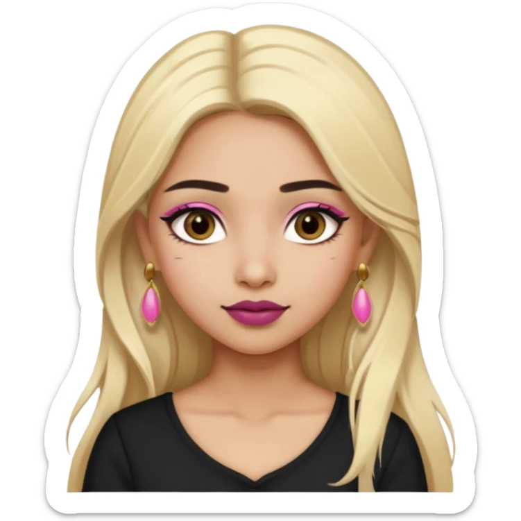 Sweet Indian girl blond long hair darkbrow  eyes brown/pink lipstick blush, black top gold earrings, brown eyebrows  sticker
