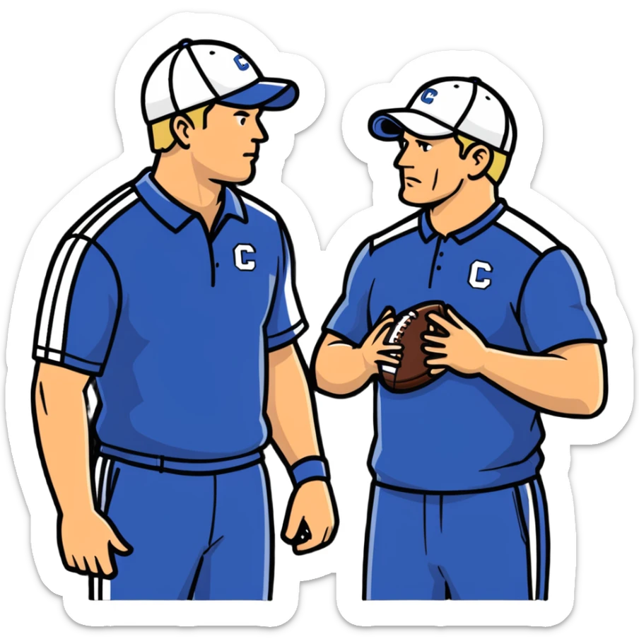 2 football coaches talking wearing caps and athletic clothing sticker