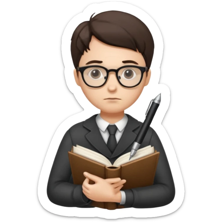 writer holding big pen in hand and closed book in other hand, wearing glasses sticker