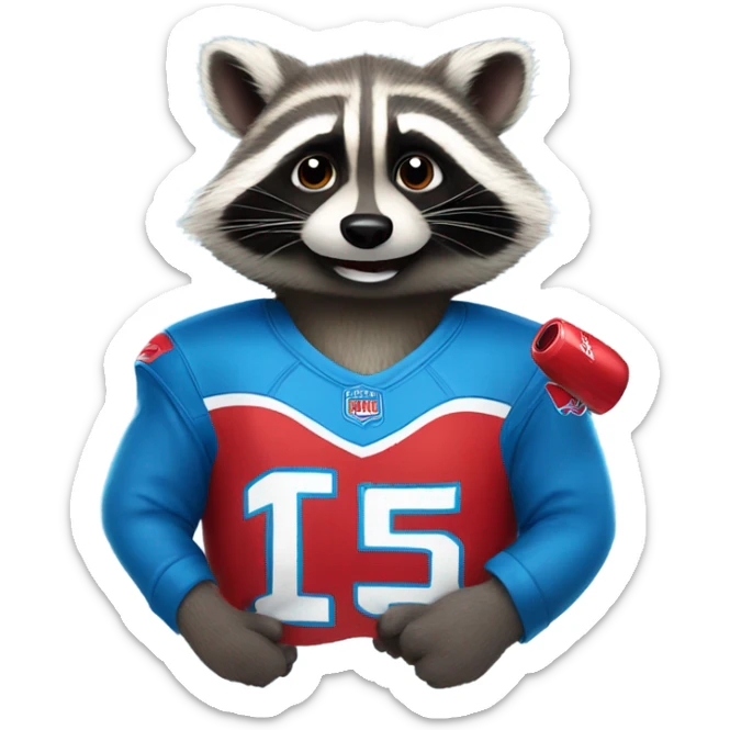 A cute raccoon holding a red bull drink, wearing a blue Detroit lions jersey  sticker
